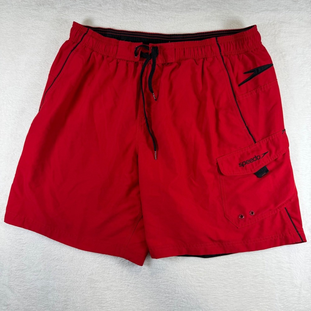 Speedo Mens Red Swim Trunks Cargo Pocket Mesh Lined Board Shorts Size Large